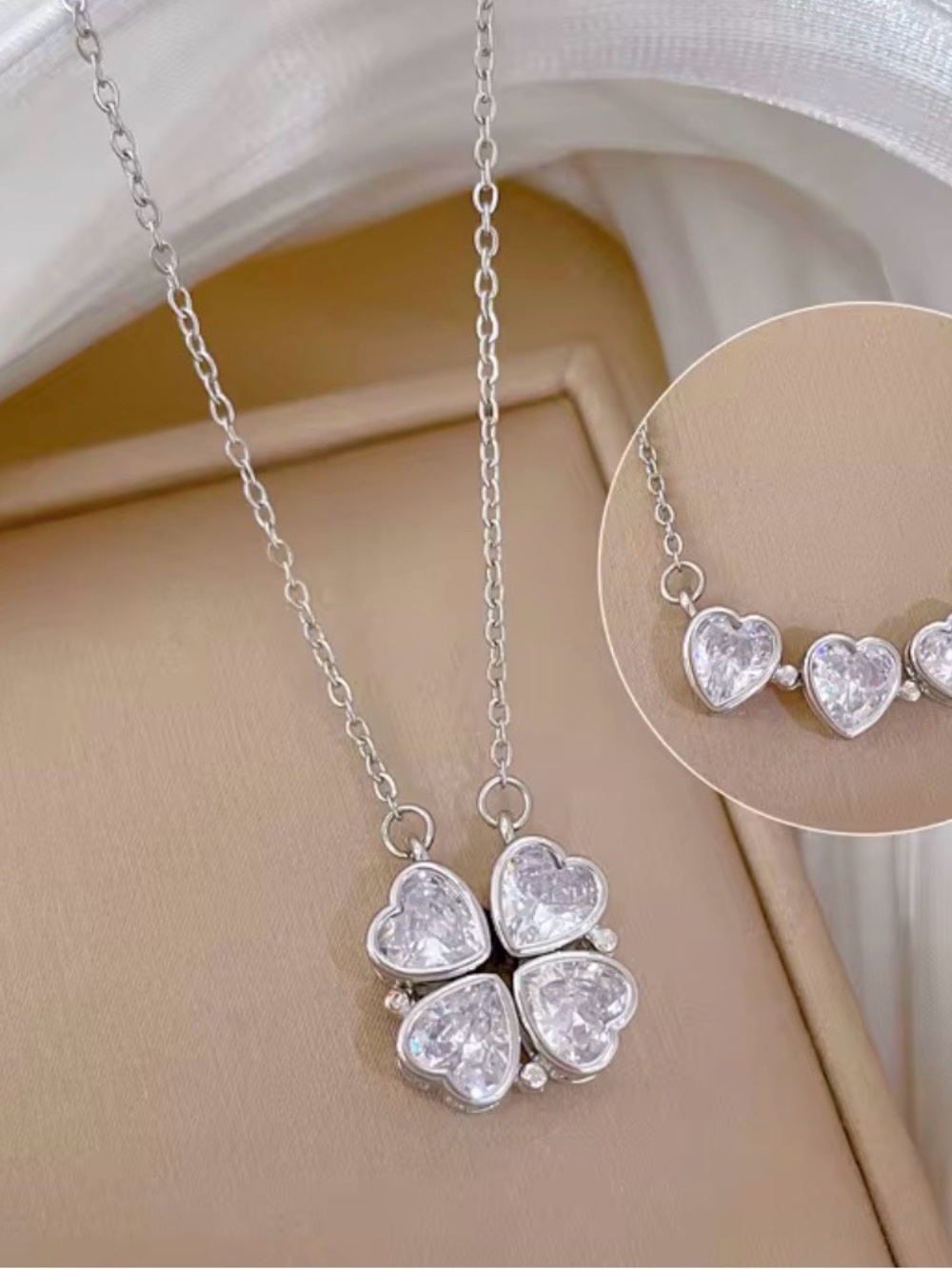 Silver Heart Clover Necklace with Clear Crystals